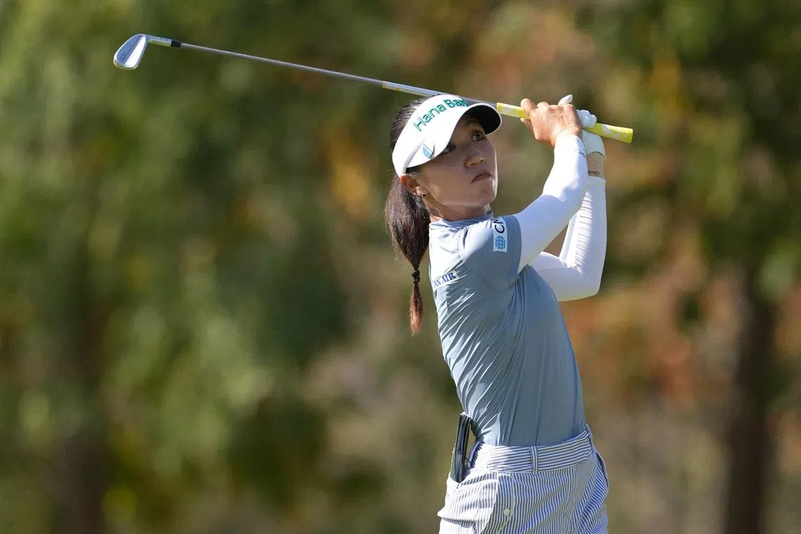 Lydia Ko of New Zealand plays her shot from the fifth tee during the final round of the Kroger Queen City Championship.