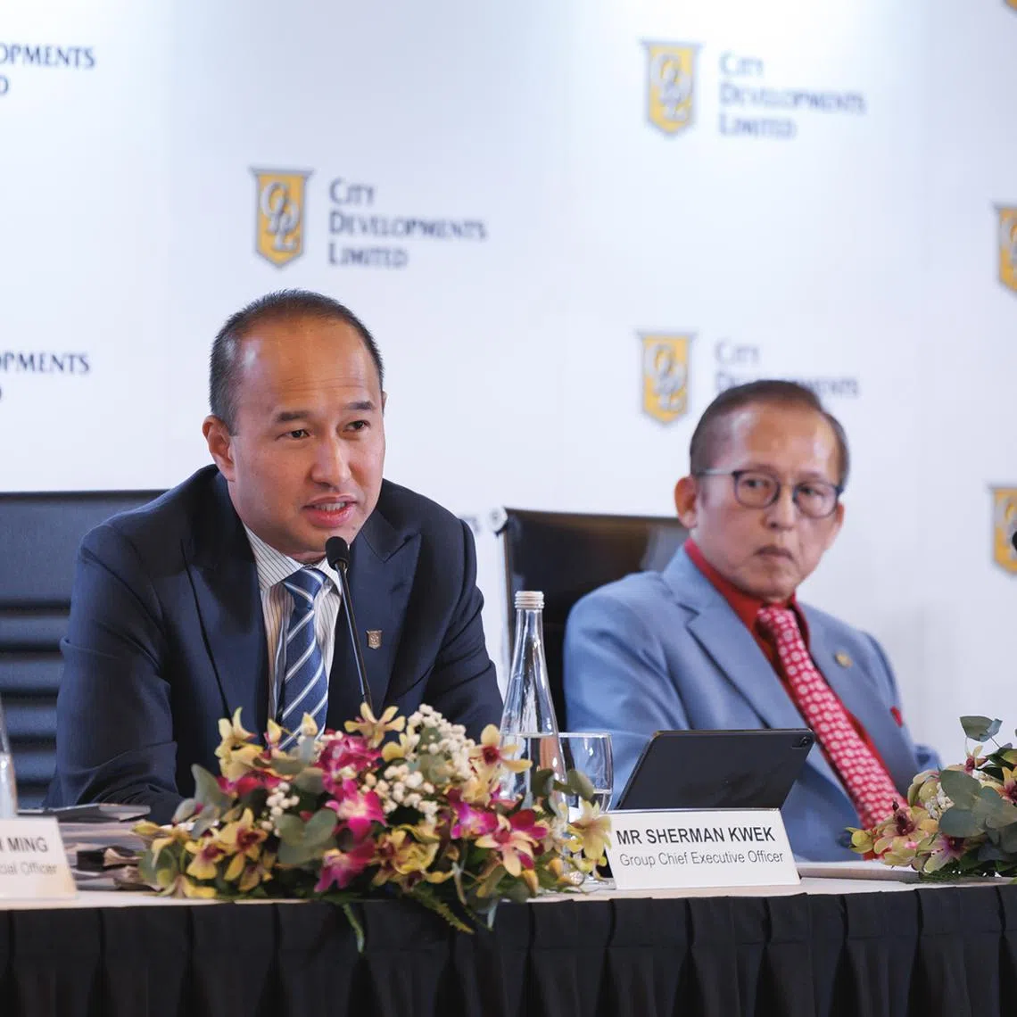 CDL's group chief executive Sherman Kwek (left) and executive chairman Kwek Leng Beng at the company's results briefing on Aug 13.
