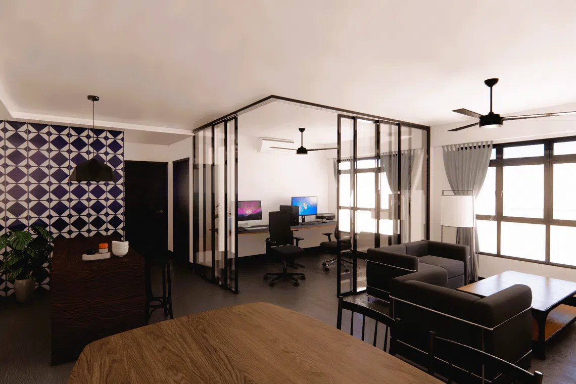 An artist’s impression of a beam-free living room in a four-room flat.