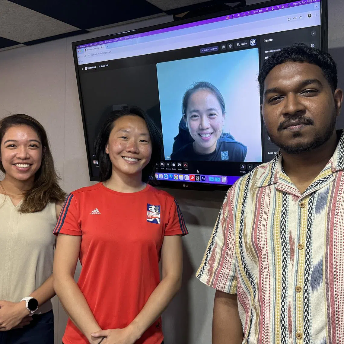 (From left) Current women’s footballer Sara Merican, former national captain Charmaine Lim, former national footballer Chris Yip-Au (on screen) and ST Sports reporter Deepanraj Ganesan.