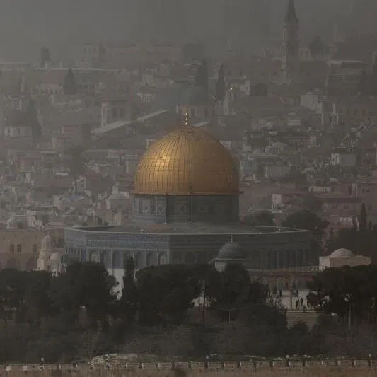 The Dome of the Rock in the Al-Aqsa mosque complex in the old city of Jerusalem during dusty weather on Feb 14, 2026.