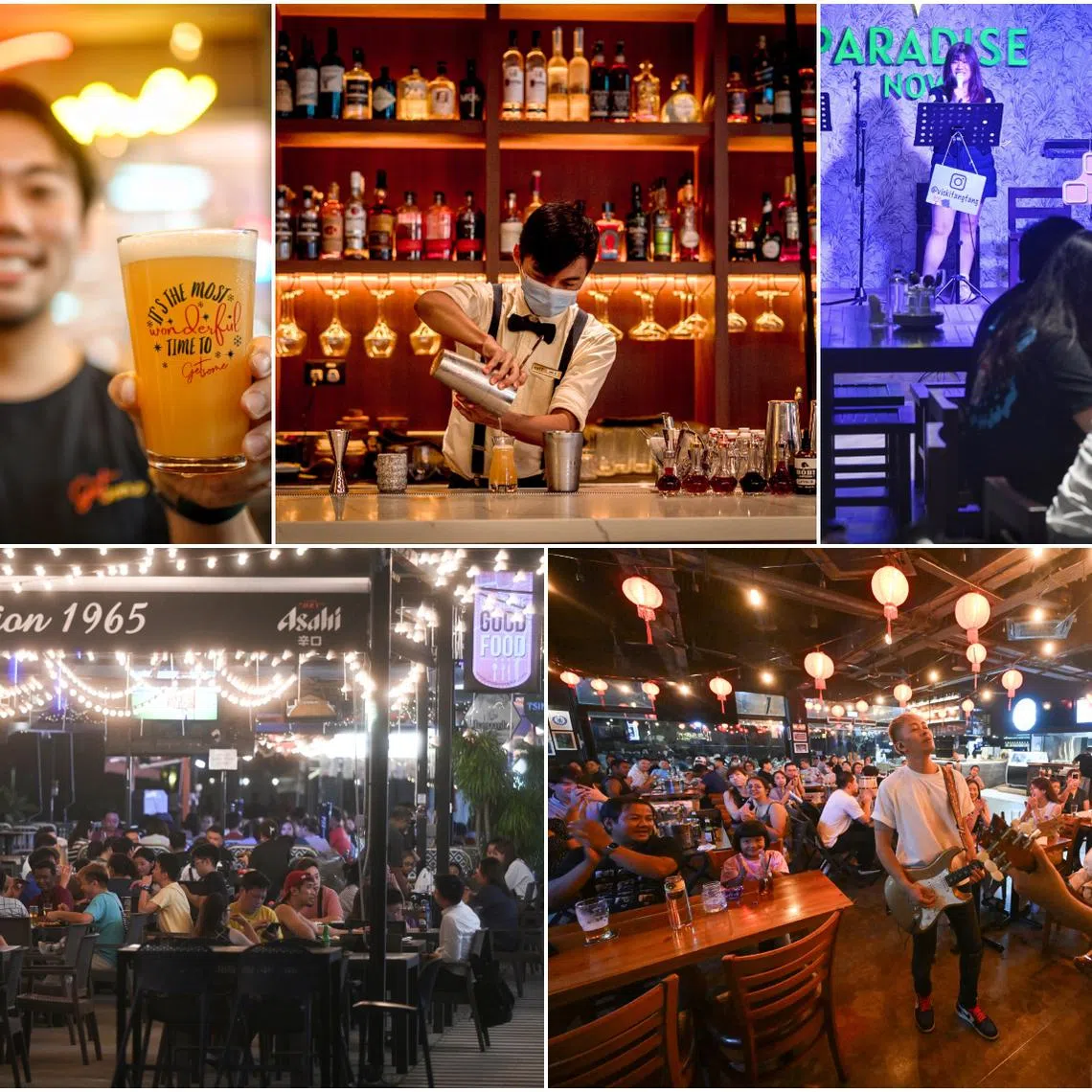 (Clockwise from top left) Clementi West eatery Get Some, O/T Bar at Woodlands Square, Paradise Now in SAFRA Choa Chu Kang, Essen @ Anchorvale, and Punggol East Container Park.