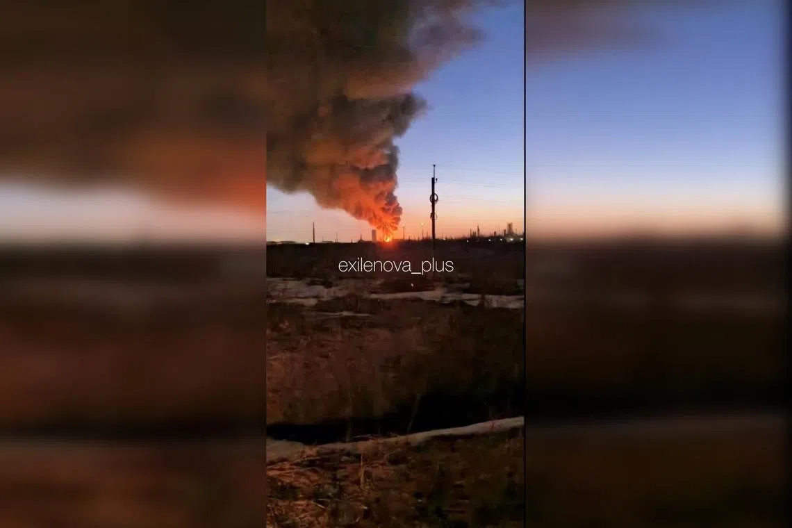 An image uploaded to social media that is said to show Russia's Yaroslavl oil refinery ablaze after a Ukrainian strike.
