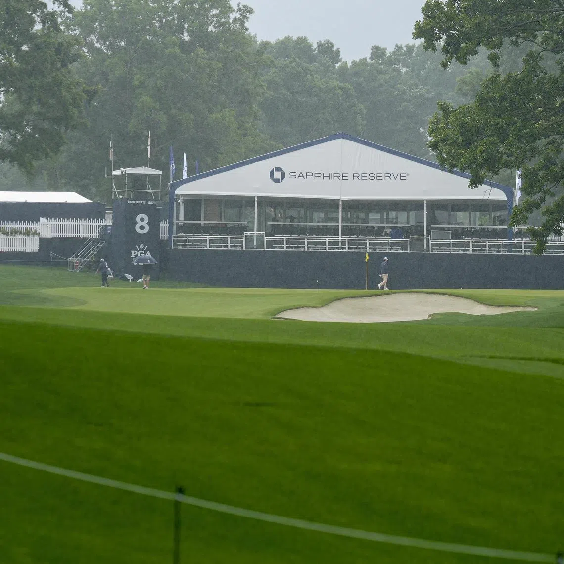 Rain falling during a practice round for the PGA Championship golf tournament at Quail Hollow on May 12, 2025, in Charlotte, North Carolina.