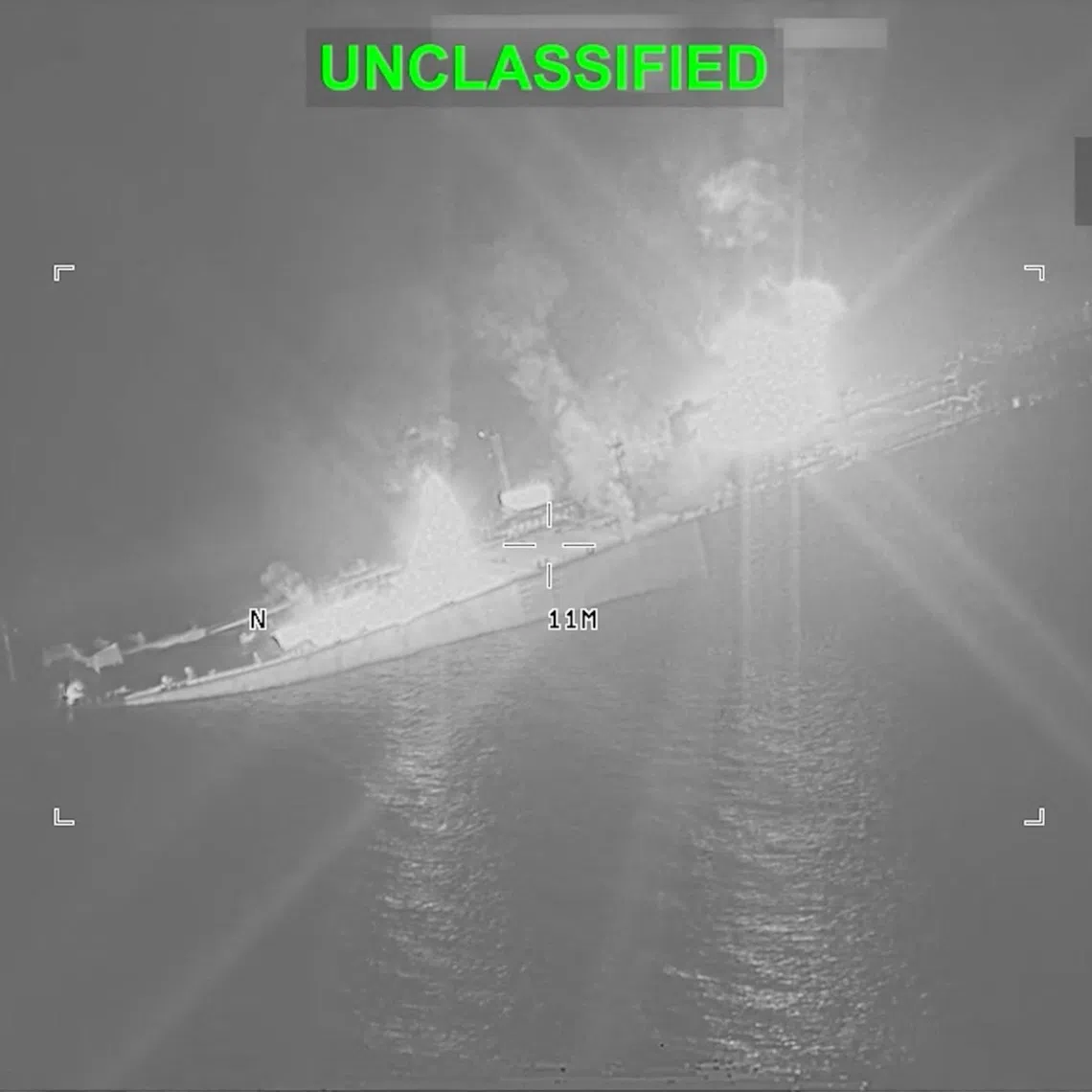 An Iranian crude oil carrier identified as M/T Riesco burns as it sinks after being struck, which U.S. Central Command says it targeted after attempted Iranian missile attacks on a U.S. Navy warship over the past two days, at a location given as the Gulf of Oman, in this still image taken from video released September 8, 2026.   U.S. Central Command/Handout via REUTERS