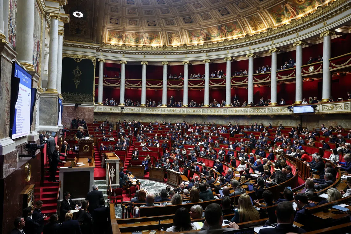 Former French Prime Minister Gabriel Attal, member of parliament and president of the Ensemble pour la Republique (EPR) parliamentary group, attends a parliamentary debate on the Social Security Financing Bill for 2026, including the suspension of the contentious 2023 pension reform, during a session at the National Assembly in Paris, France, November 12, 2025. REUTERS/Gonzalo Fuentes