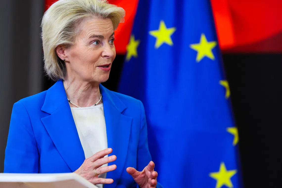 European Commission President Ursula von der Leyen attends a press conference, during her visit to Skopje, North Macedonia, October 2, 2026. REUTERS/Ognen Teofilovski