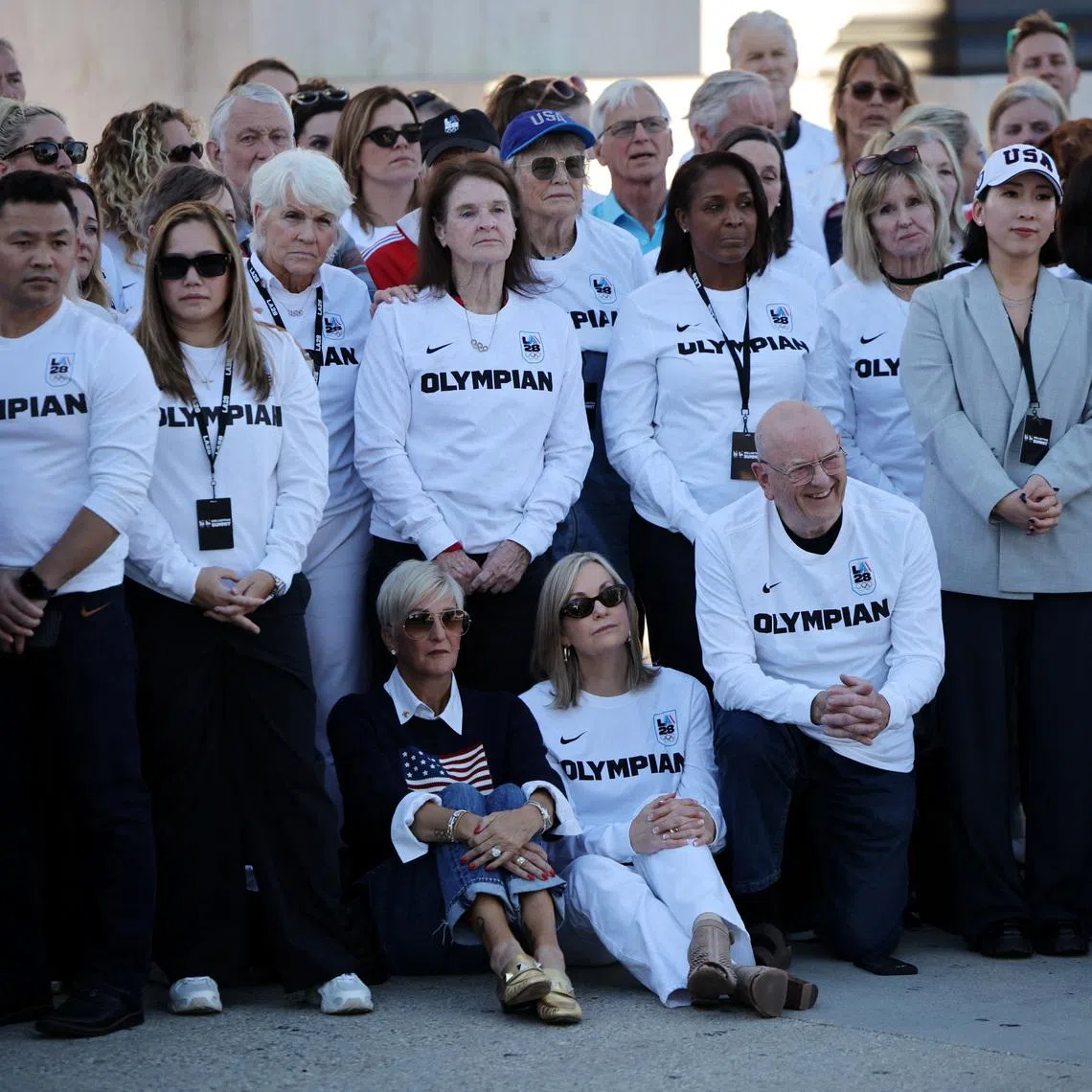 Olympics - LA28 officials speak to the media - LA Memorial Coliseum, Los Angeles, California, U.S. - January 13, 2026 Olympians and Paralympians during a press conference ahead of Ticket Registration Launch REUTERS/Daniel Cole