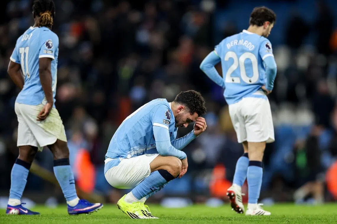 From left, Jeremy Doku, Rayan Cherki and Bernardo Silva reacting after the 1-1 English Premier League draw against Brighton & Hove Albion at the Etihad Stadium on Jan 7.