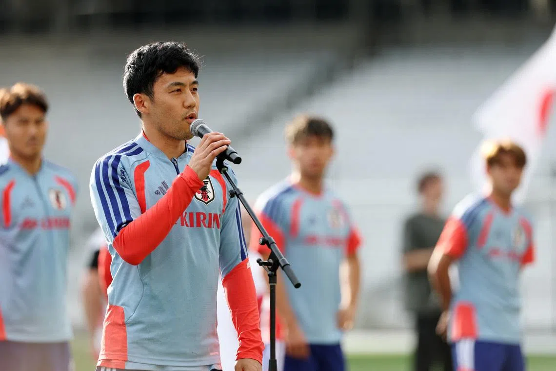 Soccer Football - FIFA World Cup 2026 - Japan Training - Geodis Park, Nashville, Tennessee, U.S. - June 8, 2026 Japan's Wataru Endo makes a speech before training IMAGN IMAGES via Reuters/Alan Poizner