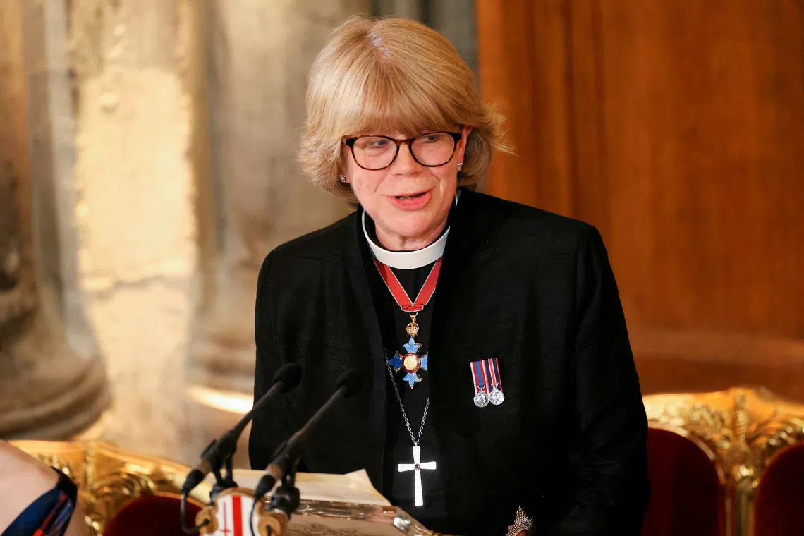Bishop of London Sarah Mullally speaks during the annual Lord Mayor's Banquet at Guildhall in London on Dec 2, 2024.