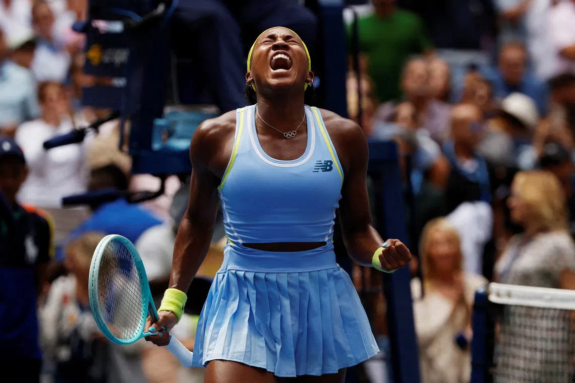 Tennis - U.S. Open - Flushing Meadows, New York, United States - August 30, 2024 Coco Gauff of the U.S. celebrates after winning her third round match against Ukraine's Elina Svitolina REUTERS/Shannon Stapleton