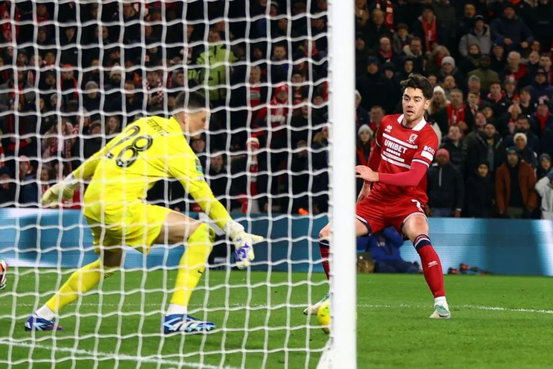 Soccer Football - Carabao Cup - Semi Final - First Leg - Middlesbrough v Chelsea - Riverside Stadium, Middlesbrough, Britain - January 9, 2024 Middlesbrough's Hayden Hackney scores their first goal Action Images via Reuters/Lee Smith