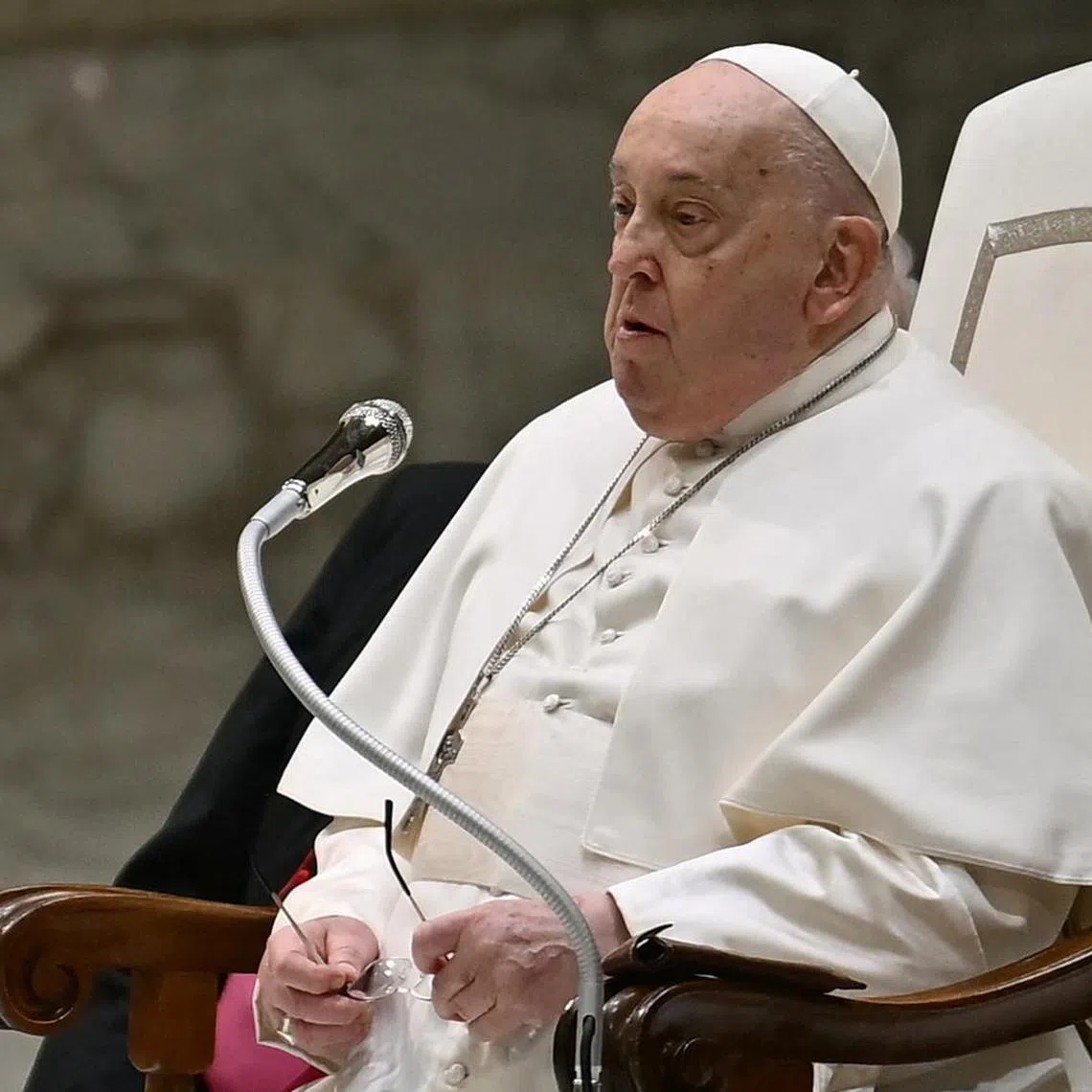Pope Francis attends the weekly general audience on February 12, 2025 at Paul-VI hall in The Vatican. (Photo by Filippo MONTEFORTE / AFP)