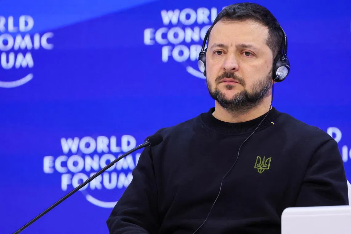 Ukraine's President Volodymyr Zelensky addresses the 54th annual meeting of the World Economic Forum in Davos, Switzerland on January 16, 2024. PHOTO:  REUTERS 