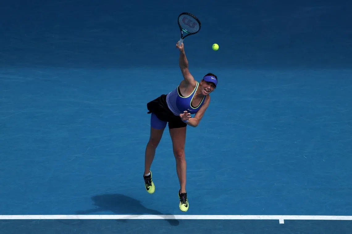 Tennis - Australian Open - Melbourne Park, Melbourne, Australia - January 28, 2026 Amanda Anisimova of the U.S. in action during her quarter final match against Jessica Pegula of the U.S. REUTERS/Edgar Su