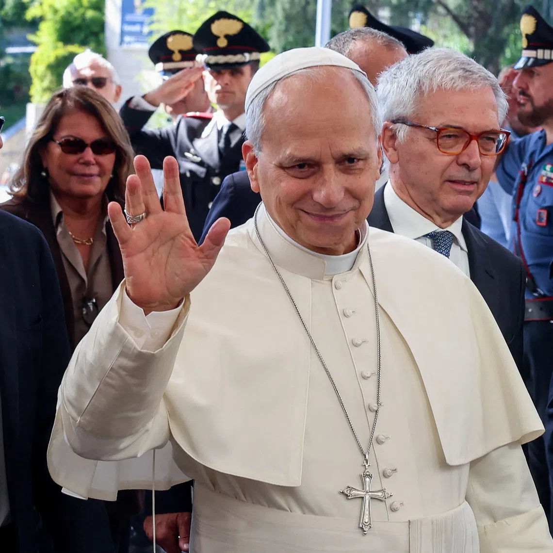 Pope Leo arrives at Gemelli Hospital on Oct 13 ahead of the pontiff’s surgery to remove a lung nodule, in Rome, Italy.