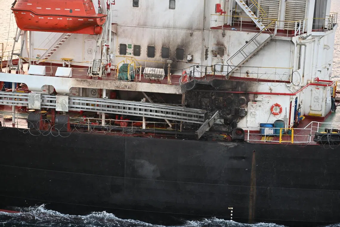 A photograph released on Jan 18 by the Indian Ministry of Defence shows the Marshall Island flagged MV Genco Picardy vessel following a drone attack in the Gulf of Aden