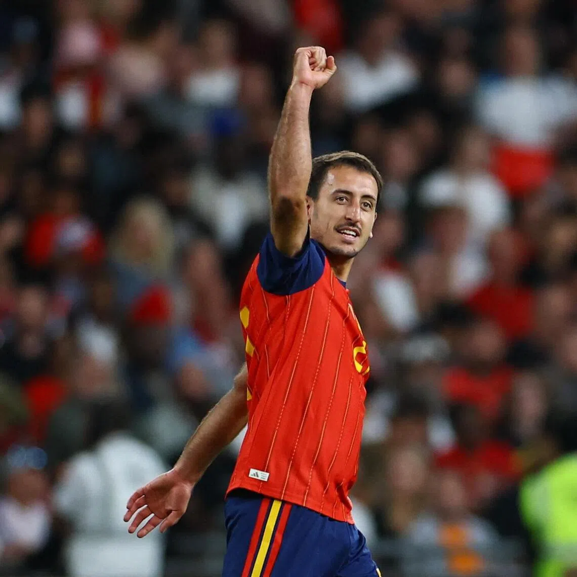 Mikel Oyarzabal celebrating after scoring the winning goal for Spain against England in the Nations League on Sept 26.