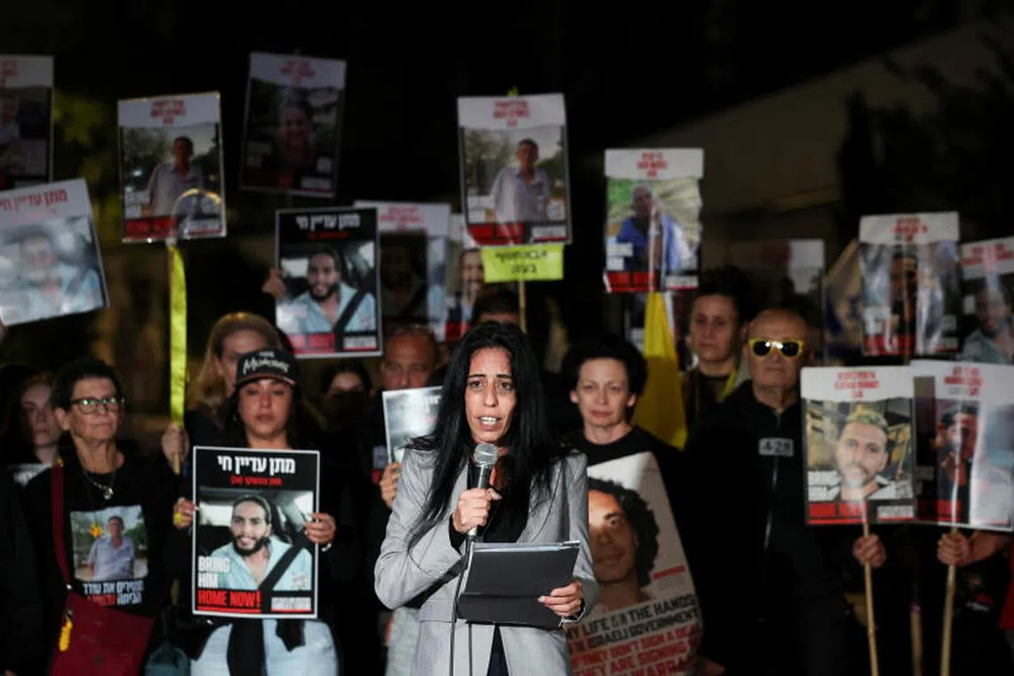 Ms Einav Zangauker, the mother of hostage Matan Zangauker, delivers a statement at a protest in support for the hostages who were kidnapped during the deadly October 7, 2023 attack, amid the ongoing conflict in Gaza between Israel and Hamas, in Tel Aviv, Israel December 7, 2024
