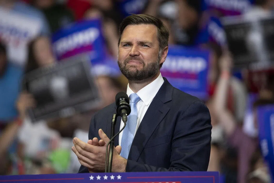 Republican Vice-Presidential nominee Senator J.D. Vance appearing at the first public rally at the Van Andel Arena on July 20 in Grand Rapids, Michigan. 