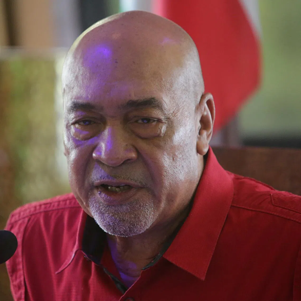 FILE PHOTO: Former Suriname president Desi Bouterse speaks during a news conference in Paramaribo, Suriname August 31, 2021. REUTERS/Ranu Abhelakh/File Photo