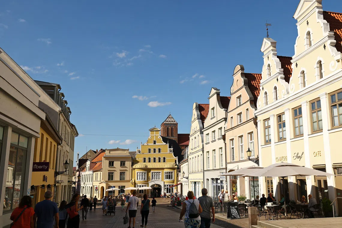 A general view of the pedestrian zone in the historic town center of Wismar, Mecklenburg-Western Pomerania, Germany, August 8, 2026. REUTERS/Lisi Niesner