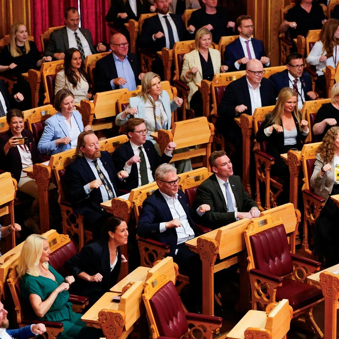 Members of Parliament 'row' for the Norwegian national football team at the Storting (Norwegian Parliament), in Oslo, Norway June 18, 2026.    NTB/Hakon Mosvold Larsen/via REUTERS