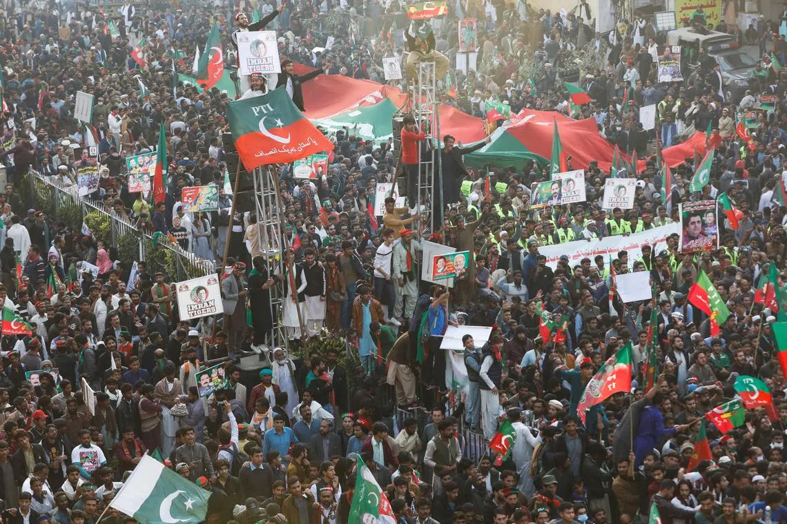 Supporters of the Pakistan's former prime minister Imran Khan gathering to see their leader in his first public appearance since him being wounded in a gun attack earlier this month. 