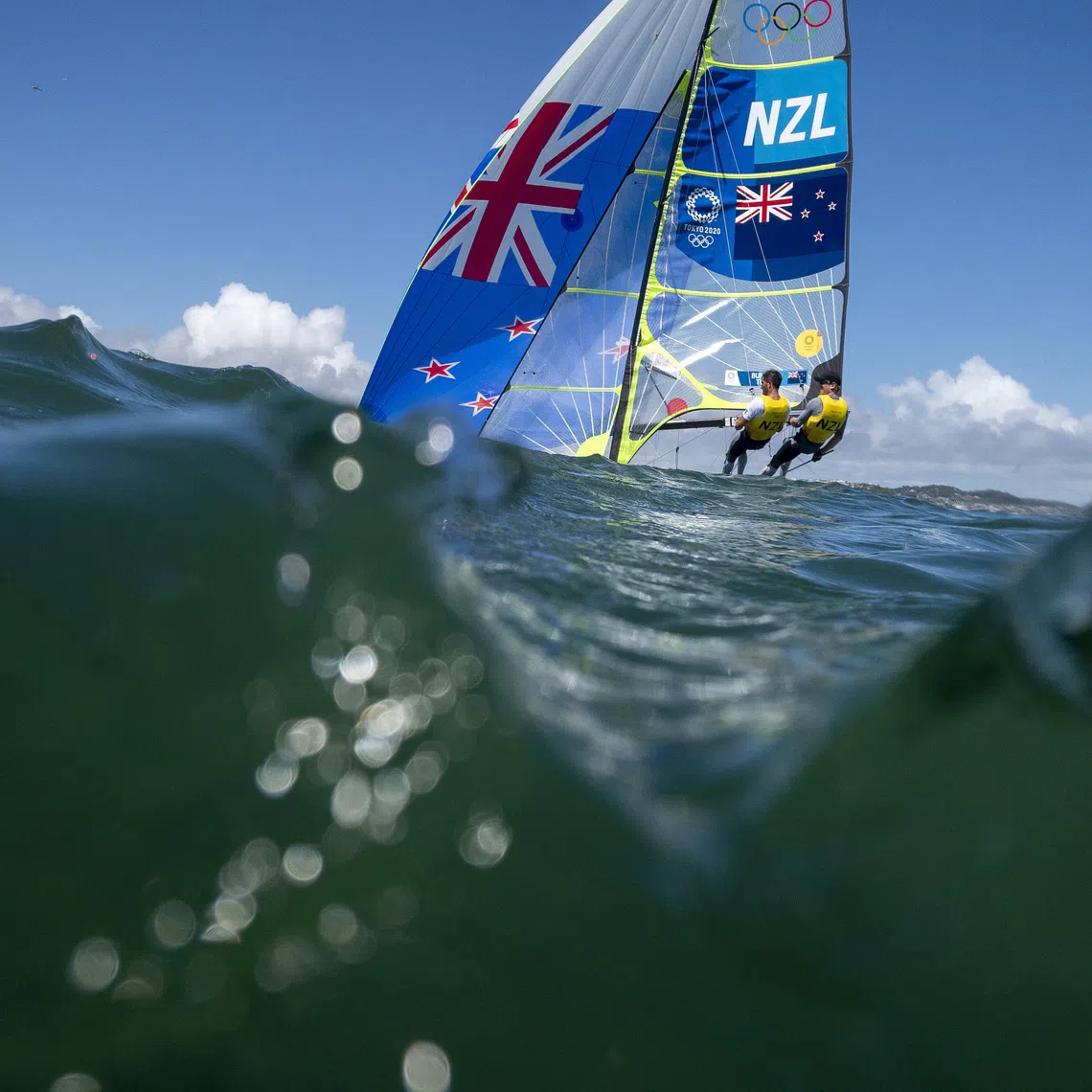 Tokyo 2020 Olympics - Sailing - Men's 49er - Medal Race - Enoshima Yacht Harbour - Tokyo, Japan - August 3, 2021. Peter Burling of New Zealand and Blair Tuke of New Zealand in action. REUTERS/Carlos Barria