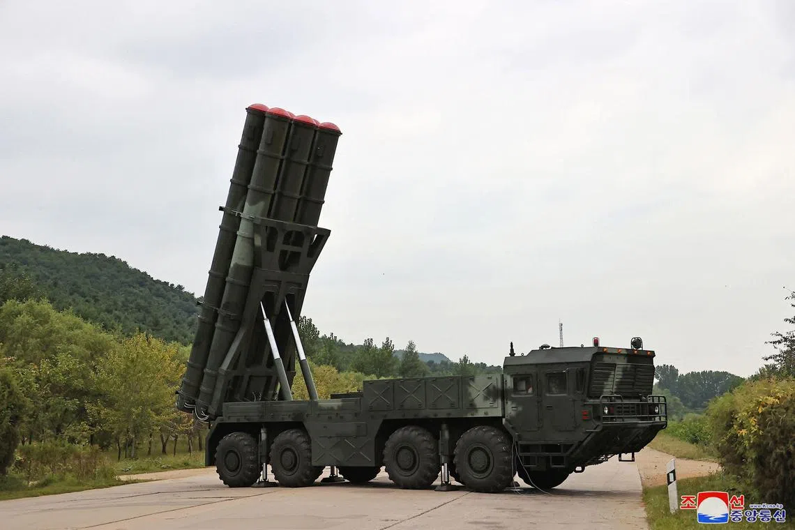 This undated photo released from North Korea's official Korean Central News Agency (KCNA) via KNS on September 13, 2024 shows a new-type 600mm rocket launcher developed by the Defense Industrial Corporation at an undisclosed location in North Korea. (Photo by KCNA VIA KNS / AFP) / South Korea OUT / ---EDITORS NOTE--- RESTRICTED TO EDITORIAL USE - MANDATORY CREDIT "AFP PHOTO/KCNA VIA KNS" - NO MARKETING NO ADVERTISING CAMPAIGNS - DISTRIBUTED AS A SERVICE TO CLIENTS
THIS PICTURE WAS MADE AVAILABLE BY A THIRD PARTY. AFP CAN NOT INDEPENDENTLY VERIFY THE AUTHENTICITY, LOCATION, DATE AND CONTENT OF THIS IMAGE. / 