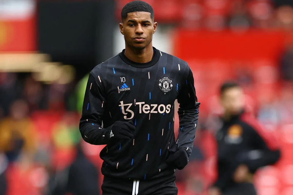 Soccer Football - Premier League - Manchester United v Leicester City - Old Trafford, Manchester, Britain - February 19, 2023
Manchester United's Marcus Rashford during the warm up before the match REUTERS/Molly Darlington EDITORIAL USE ONLY. No use with unauthorized audio, video, data, fixture lists, club/league logos or 'live' services. Online in-match use limited to 75 images, no video emulation. No use in betting, games or single club	/league/player publications.  Please contact your account representative for further details.