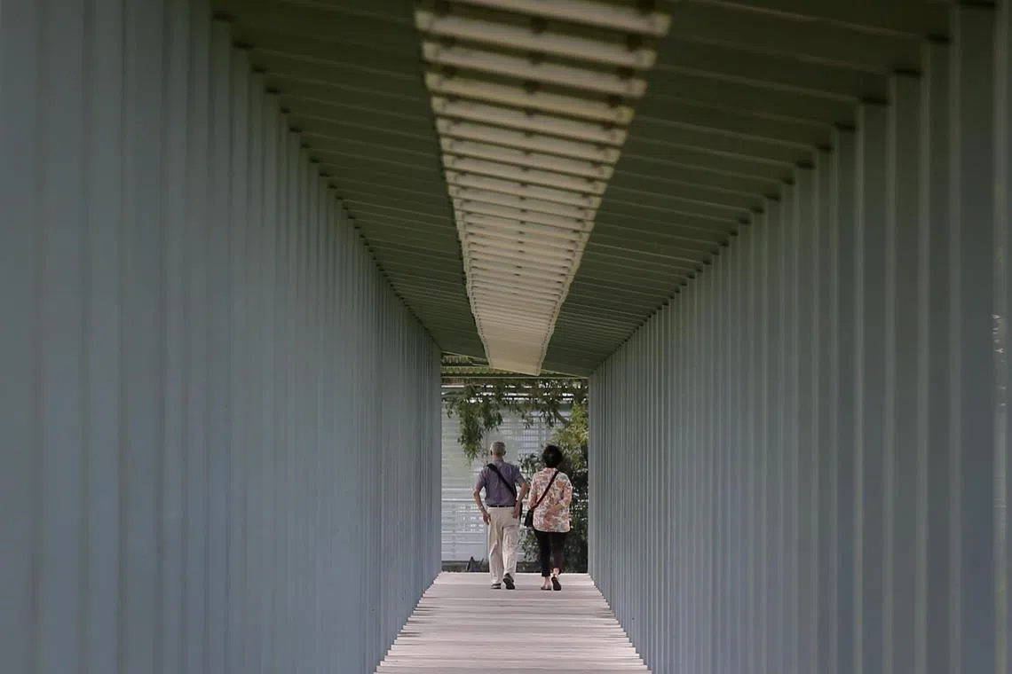 An old couple walking in a sheltered walkway near Marina South Pier on 15 October 2016.