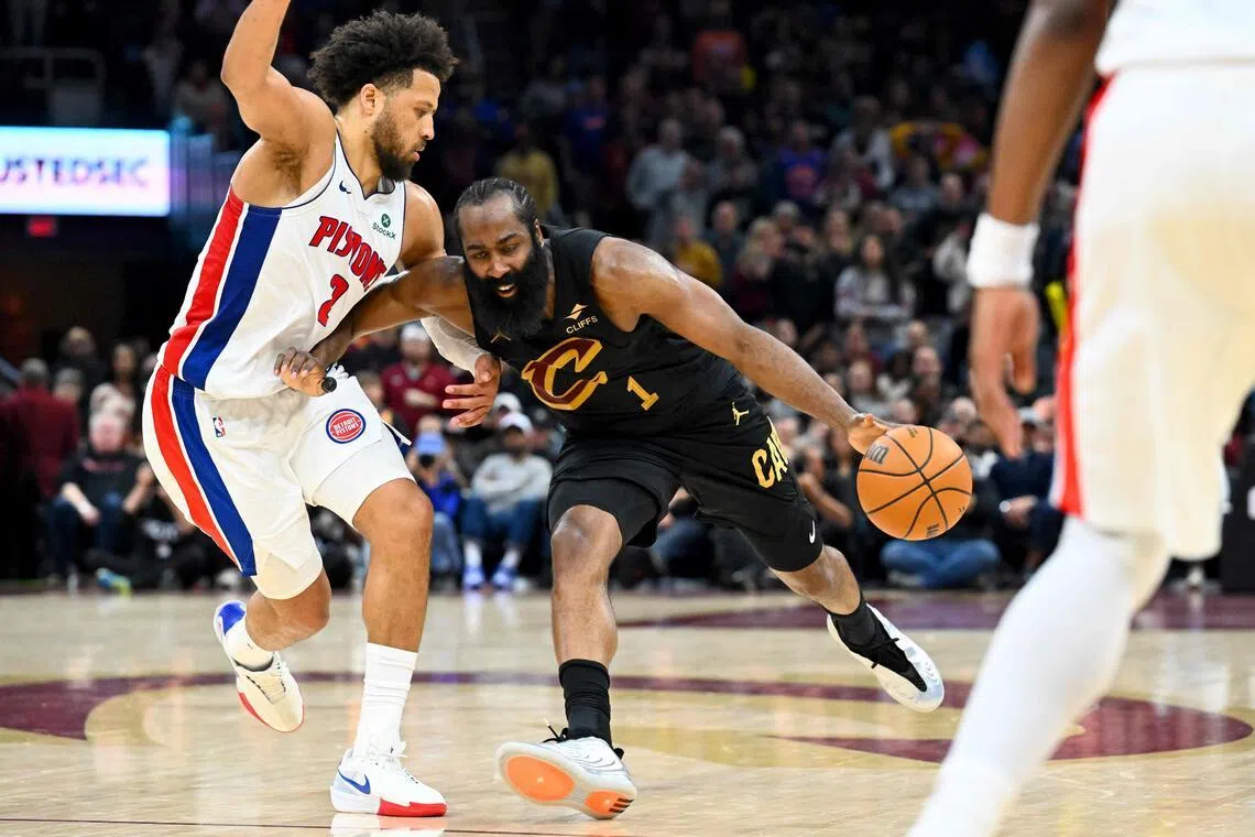 Cade Cunningham (left) of the Detroit Pistons guarding James Harden during the Cleveland Cavaliers' 113-109 NBA win at Rocket Arena on March 03, 2026 in Cleveland, Ohio.