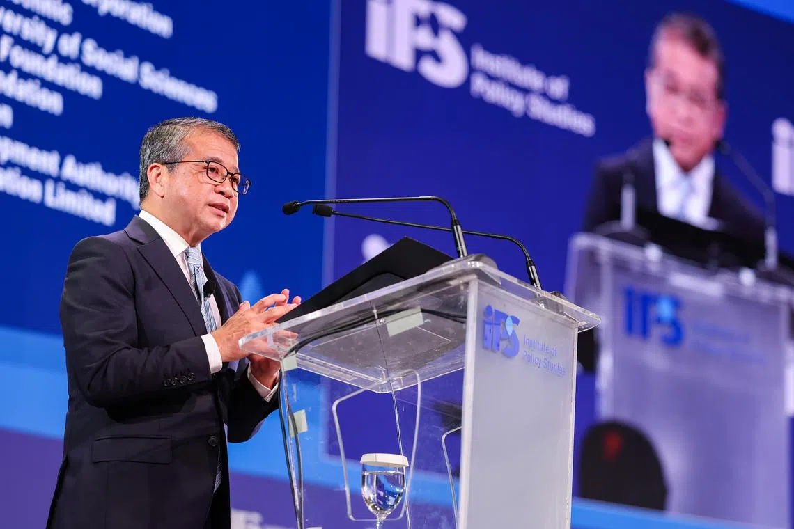 ST20250120_202552800993/sfsp20/Brian Teo/Chin Soo Fang/Minister for Culture, Community and Youth Edwin Tong speaking at the Singapore Perspectives 2025 “Community” conference held at Marina Bay Sands Expo and Convention Centre on Jan 20, 2025. ST PHOTO: BRIAN TEO.