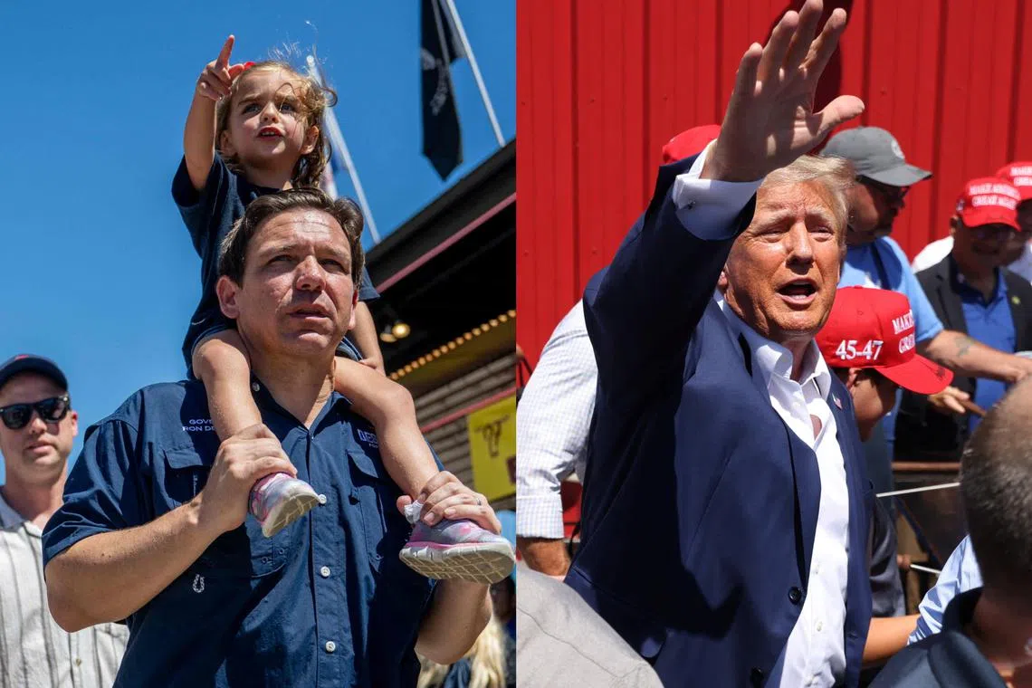 Republican presidential candidate Ron DeSantis (left) and rival Donald Trump, who ioverwhelmingly dominates in opinion polls, both appeared at the Iowa State Fair.