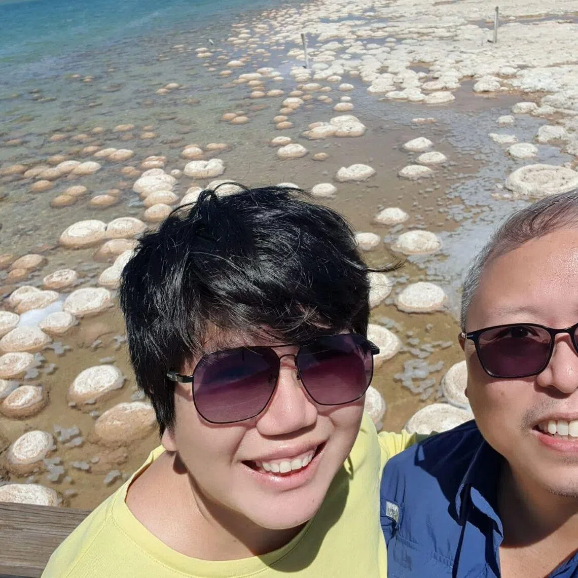 Geology enthusiasts, Ms Sofina Tan and her husband Mr Joseph Cheah at the thrombolite reef at Yalgorup National Park, Mandurah, Western Australia