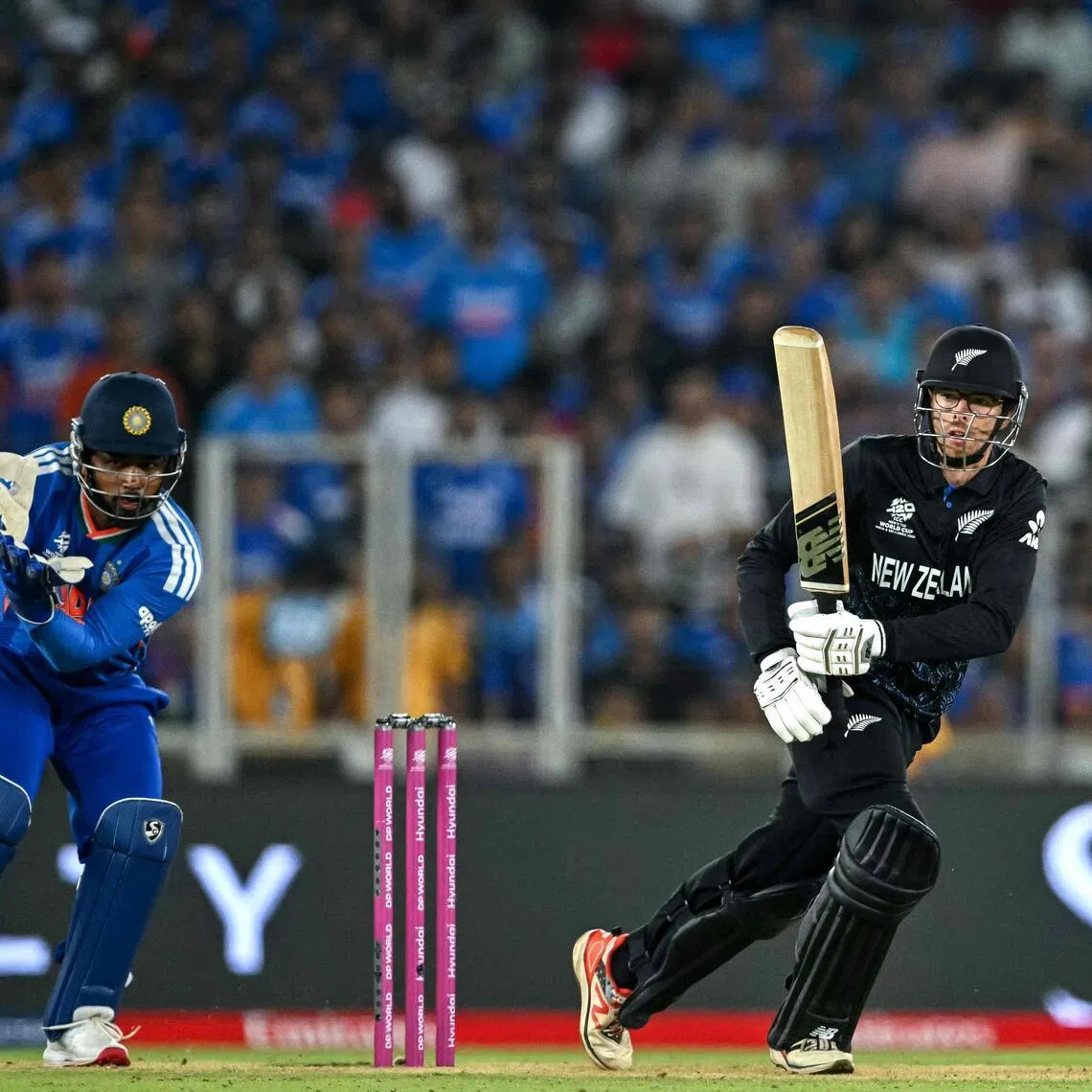 New Zealand captain Mitchell Santner playing a shot in the ICC Men's T20 Cricket World Cup final against India at the Narendra Modi Stadium in Ahmedabad on March 8, 2026. India won by 96 runs.