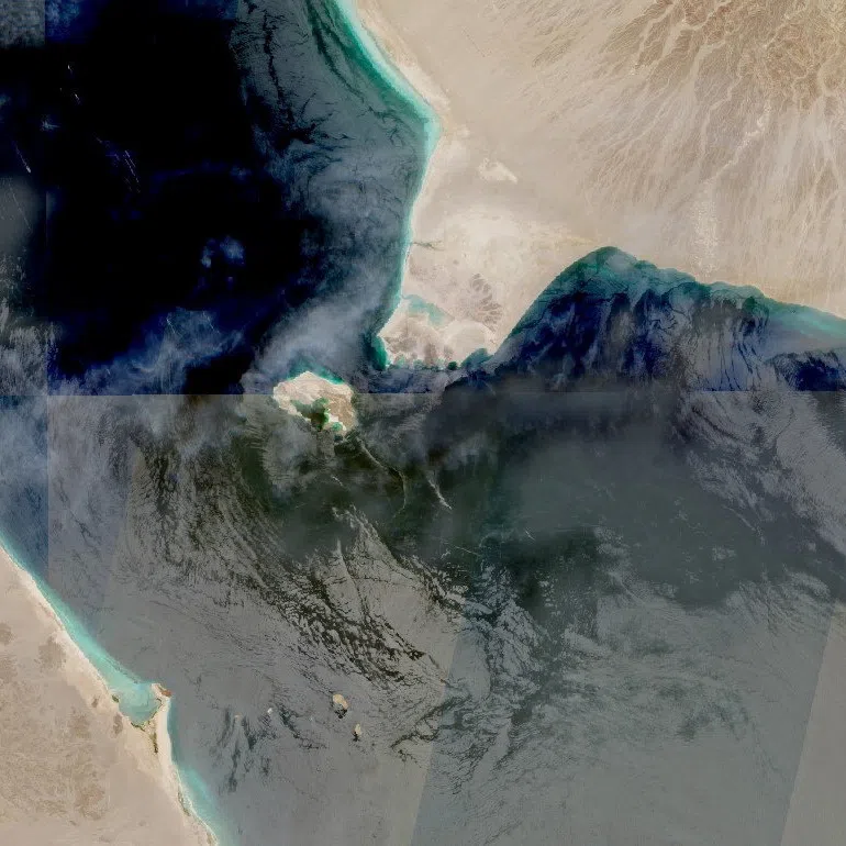 A satellite image showing Bab el Mandeb Strait, a key shipping waterway and the gateway to the Red Sea threatened by Yemen’s Iran-aligned Houthi militants.