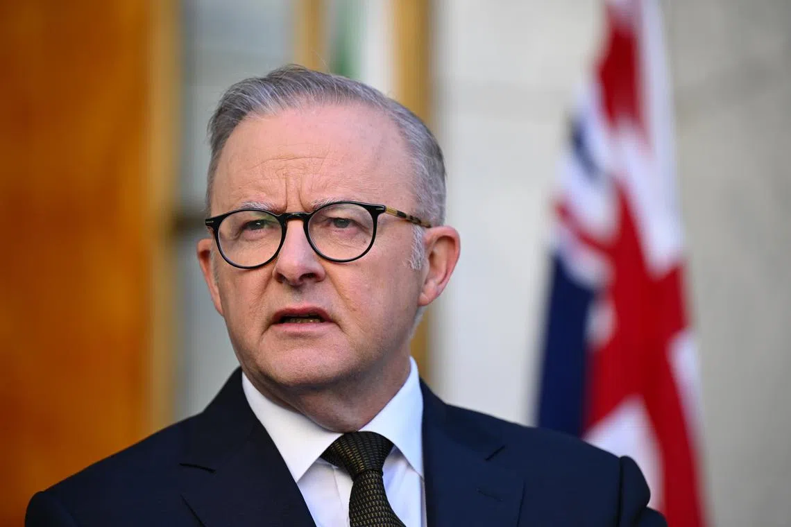 Australian Prime Minister Anthony Albanese speaks to the media during a press conference at Parliament House in Canberra, Australia, on Feb 11, 2025.  