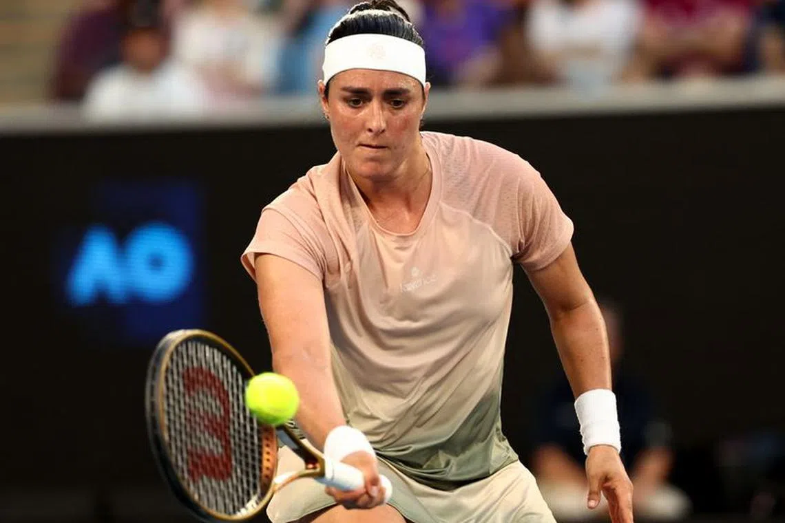 Tennis - Australian Open - Melbourne Park, Melbourne, Australia - January 15, 2024 Tunisia's Ons Jabeur in action during her first round match against Ukraine's Yulia Starodubtseva REUTERS/Eloisa Lopez