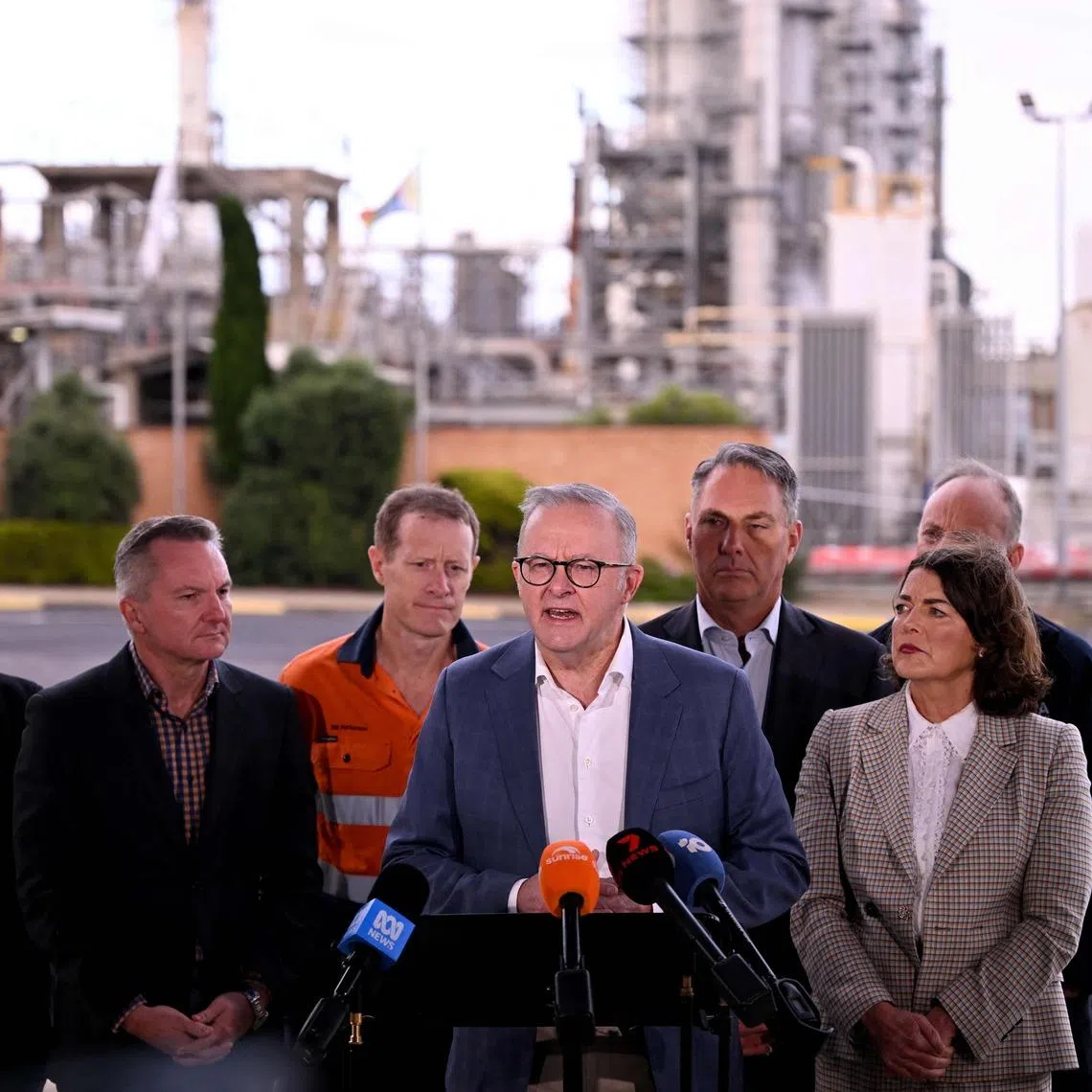 Australia's Prime Minister Anthony Albanese conducts a press conference after a visit to the Geelong Oil Refinery, that caught fire, on April 17.