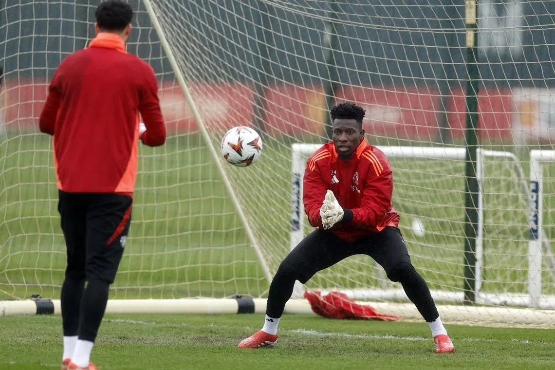 Soccer Football - Europa League - Manchester United Training - Trafford Training Centre, Carrington, Britain - April 16, 2025 Manchester United's Andre Onana during training Action Images via Reuters/Jason Cairnduff