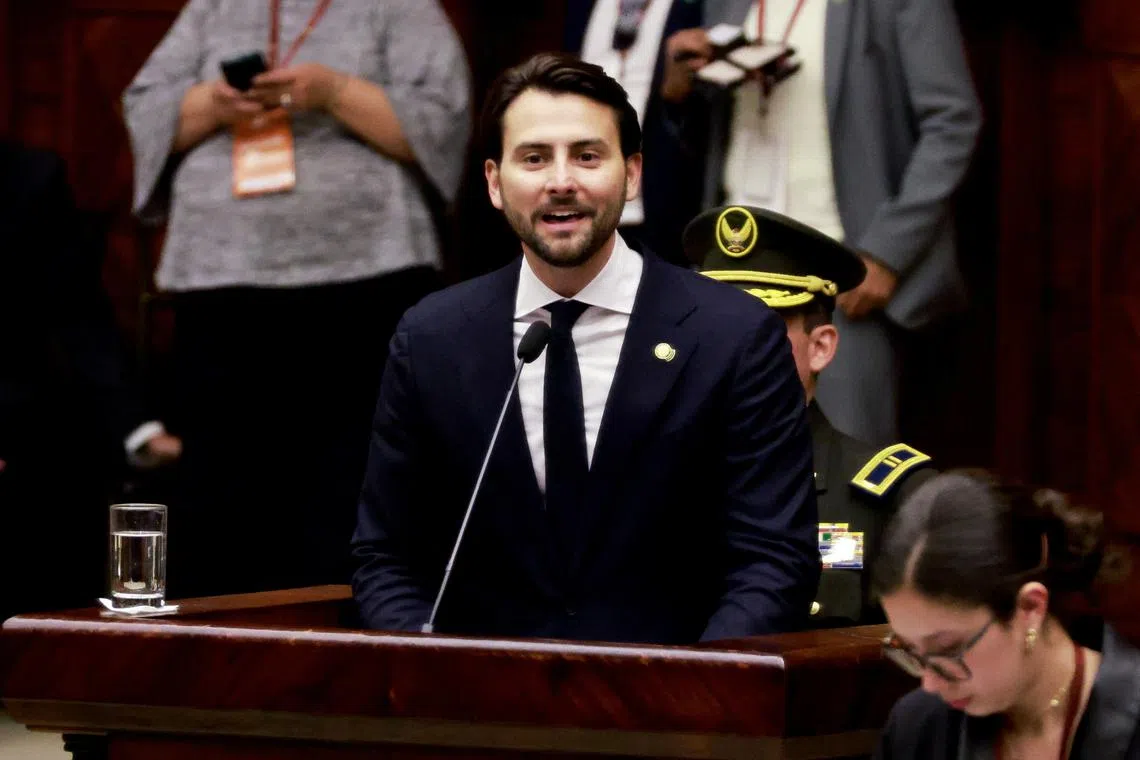 Niels Olsen speaks as Ecuador's National Assembly elects him as its new president during a session, in Quito, Ecuador May 14, 2025. REUTERS/Karen Toro