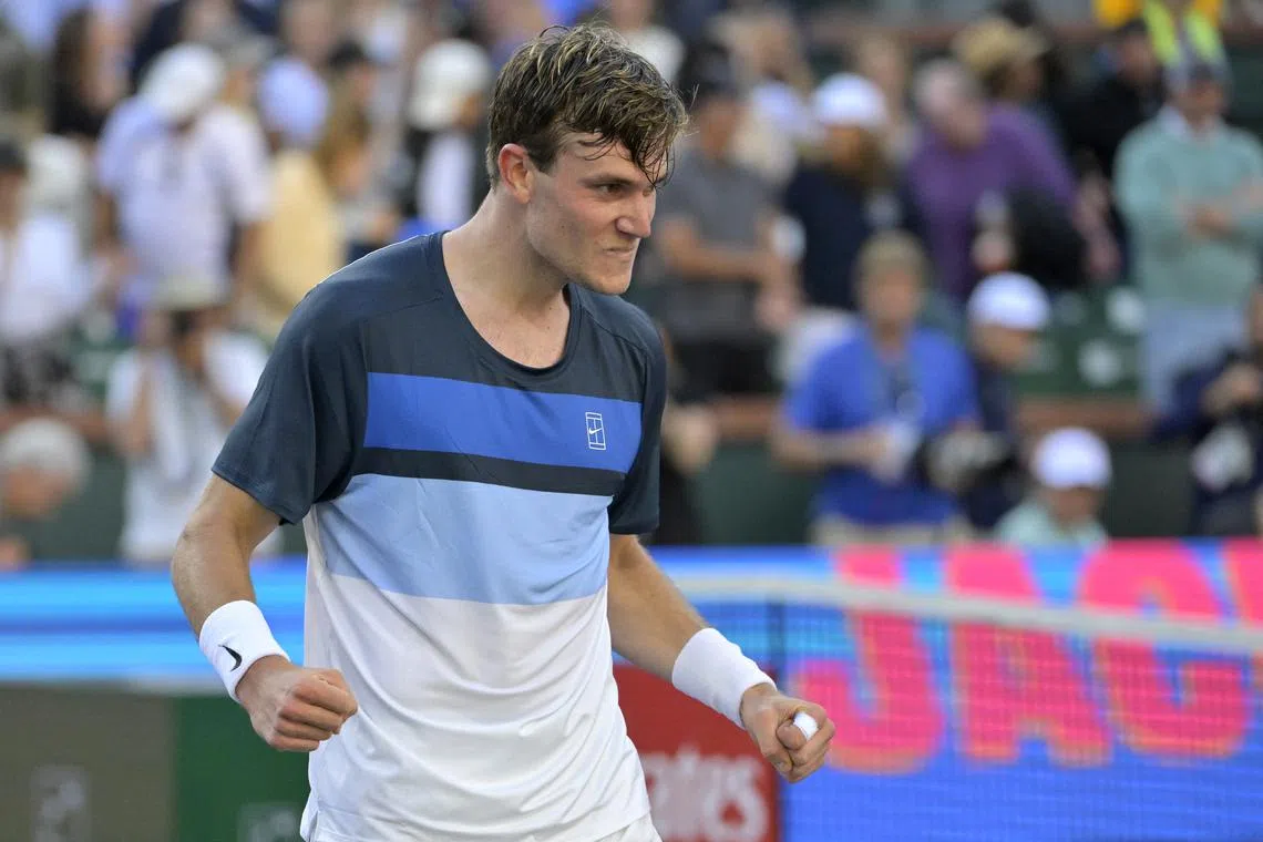 Mar 15, 2025; Indian Wells, CA, USA;  Jack Draper (GBR) reacts after defeating Carlos Alcaraz (not pictured) in three sets during his semifinal match at the BNP Paribas Open at the Indian Well Tennis Garden. Mandatory Credit: Jayne Kamin-Oncea-Imagn Images