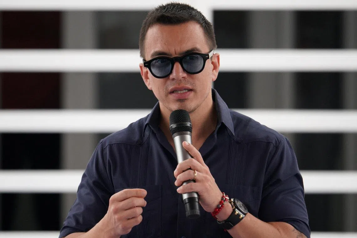 FILE PHOTO: Ecuador's President Daniel Noboa speaks at the inauguration of a child development center in a low-income neighborhood plagued by violence and organized crime on the outskirts of Guayaquil, in Duran, Ecuador, October 14, 2025. REUTERS/Santiago Arcos/File Photo