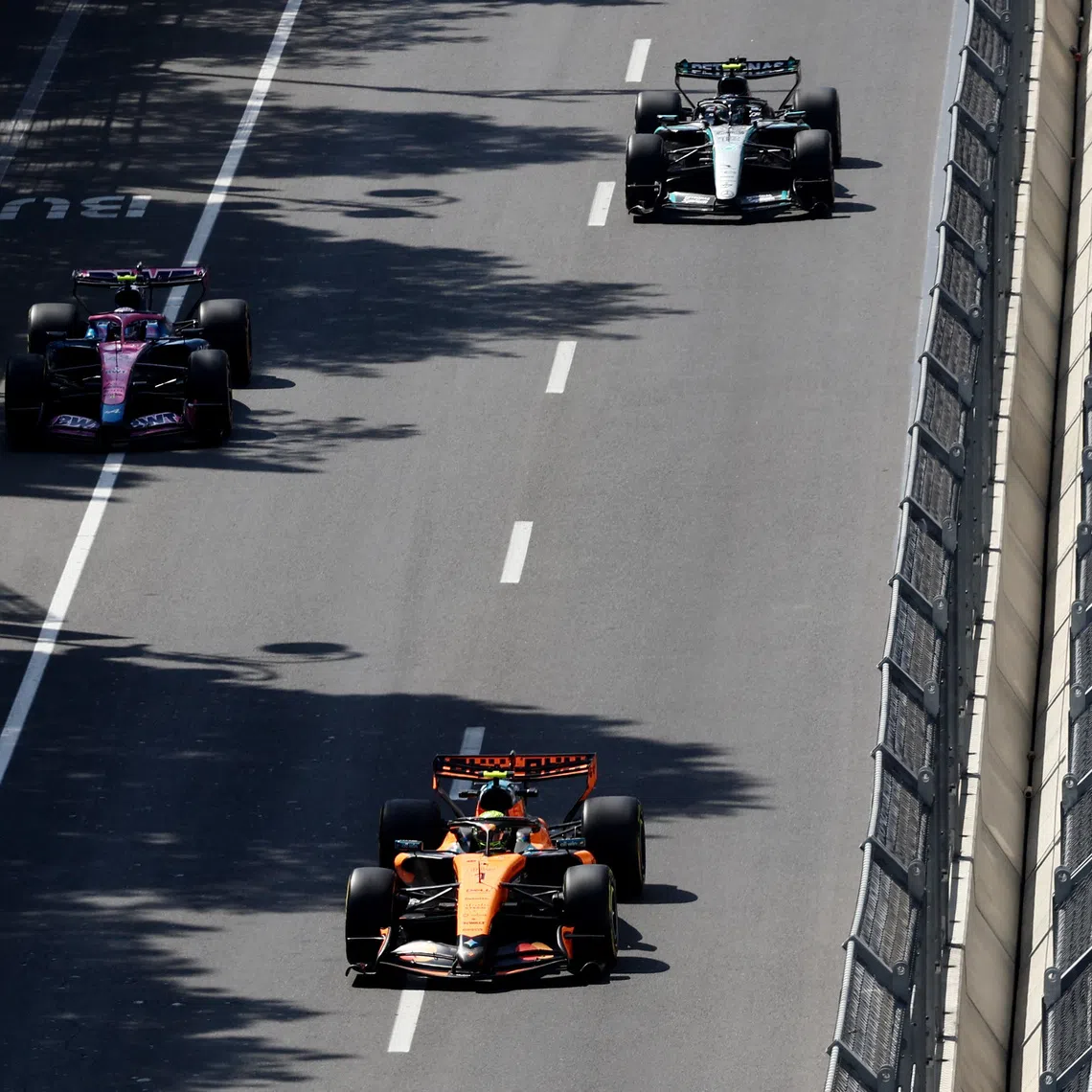 McLaren’s Lando Norris in action with Alpine’s Franco Colapinto and Mercedes’ Andrea Kimi Antonelli during practice at the Baku City Circuit in Azerbaijan, on Sept 24.