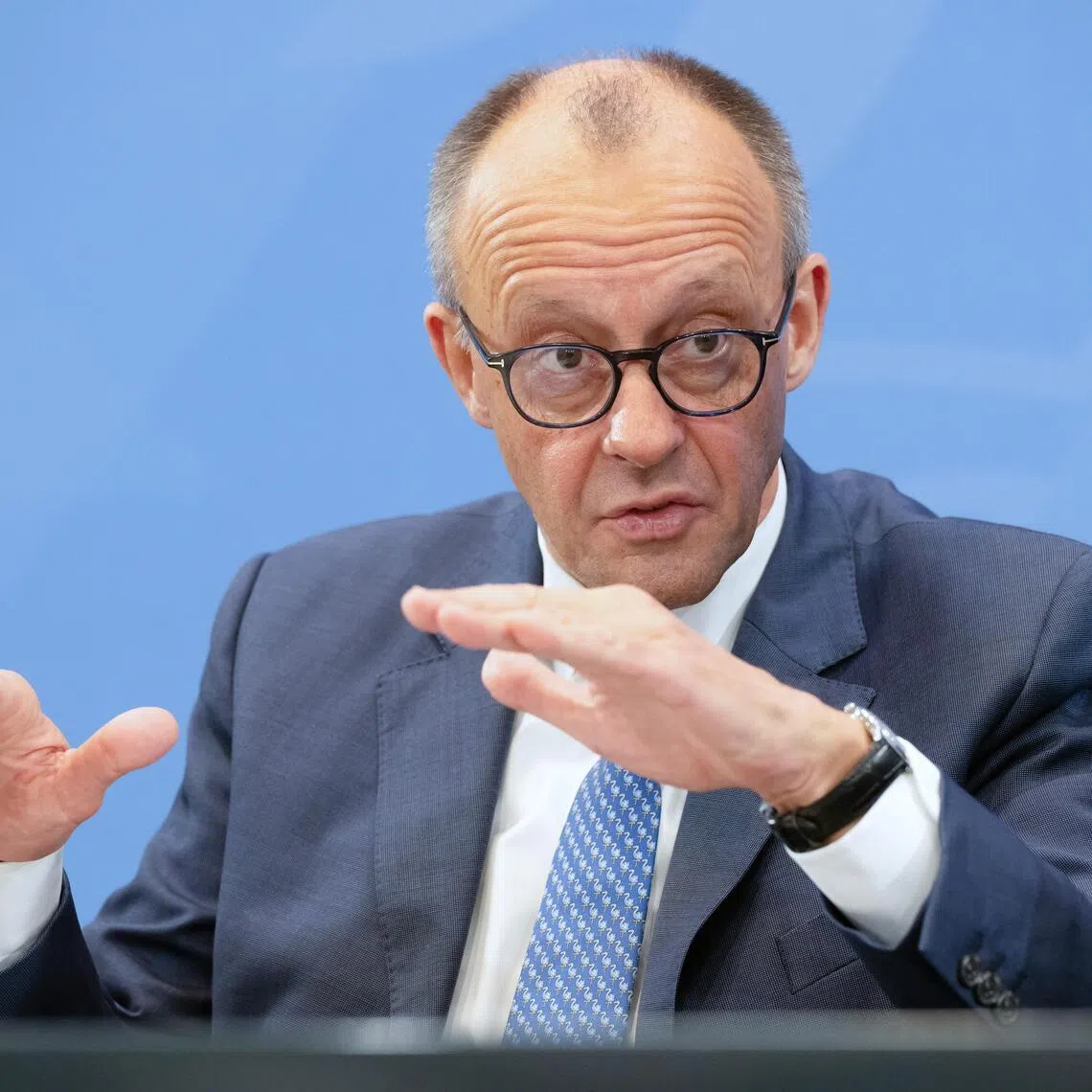 German Chancellor Friedrich Merz giving a press conference on Nov 28 in Berlin.