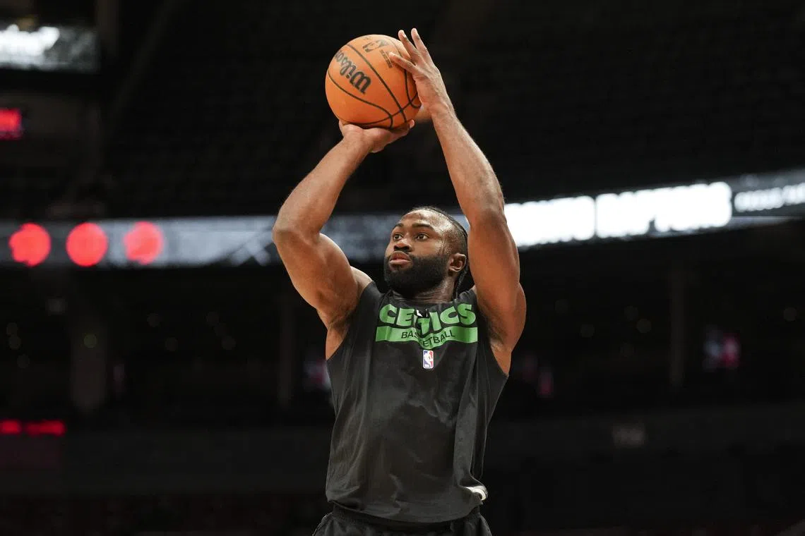 FILE PHOTO: Oct 15, 2024; Toronto, Ontario, CAN;  Boston Celtics guard Jaylen Brown (7) warms up before playing the Toronto Raptors at Scotiabank Arena. Mandatory Credit: Kevin Sousa-Imagn Images/File Photo