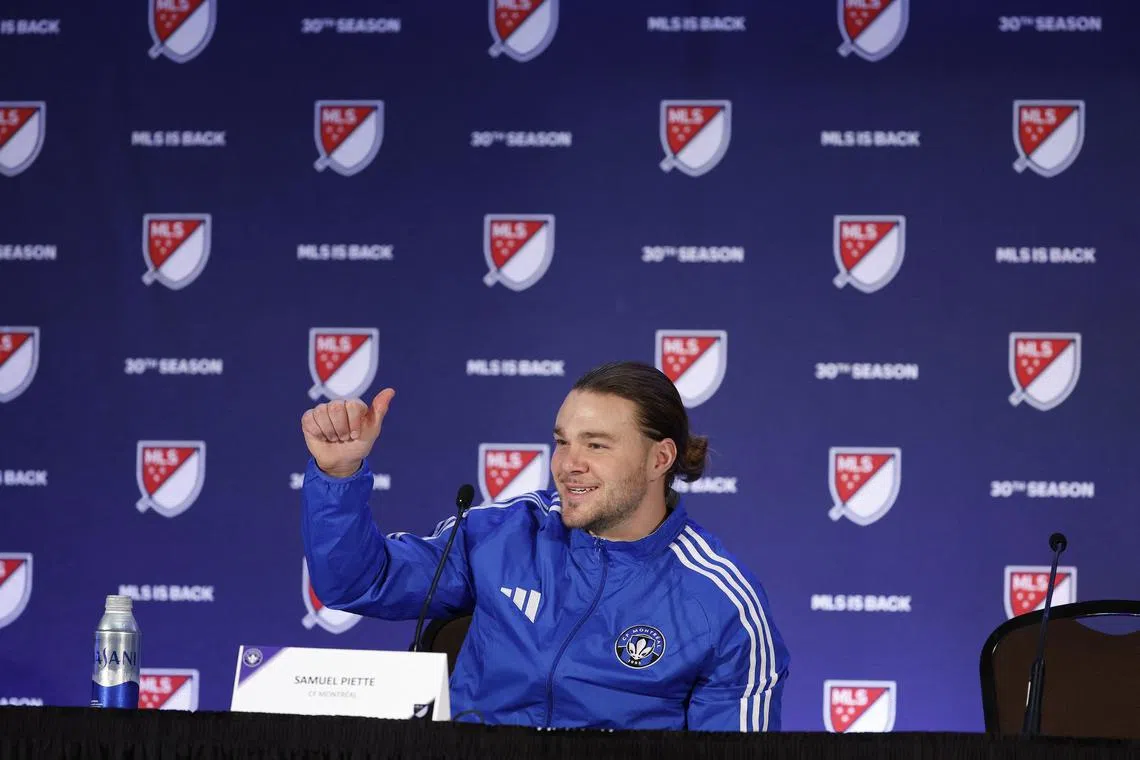 FILE PHOTO: Jan 9, 2025; Miami Beach, Florida, USA;  CF Montreal Samuel Piette fields questions during the Major League Soccer Media Day at the Miami Beach Convention Center. Mandatory Credit: Jeff Swinger-Imagn Images/File Photo